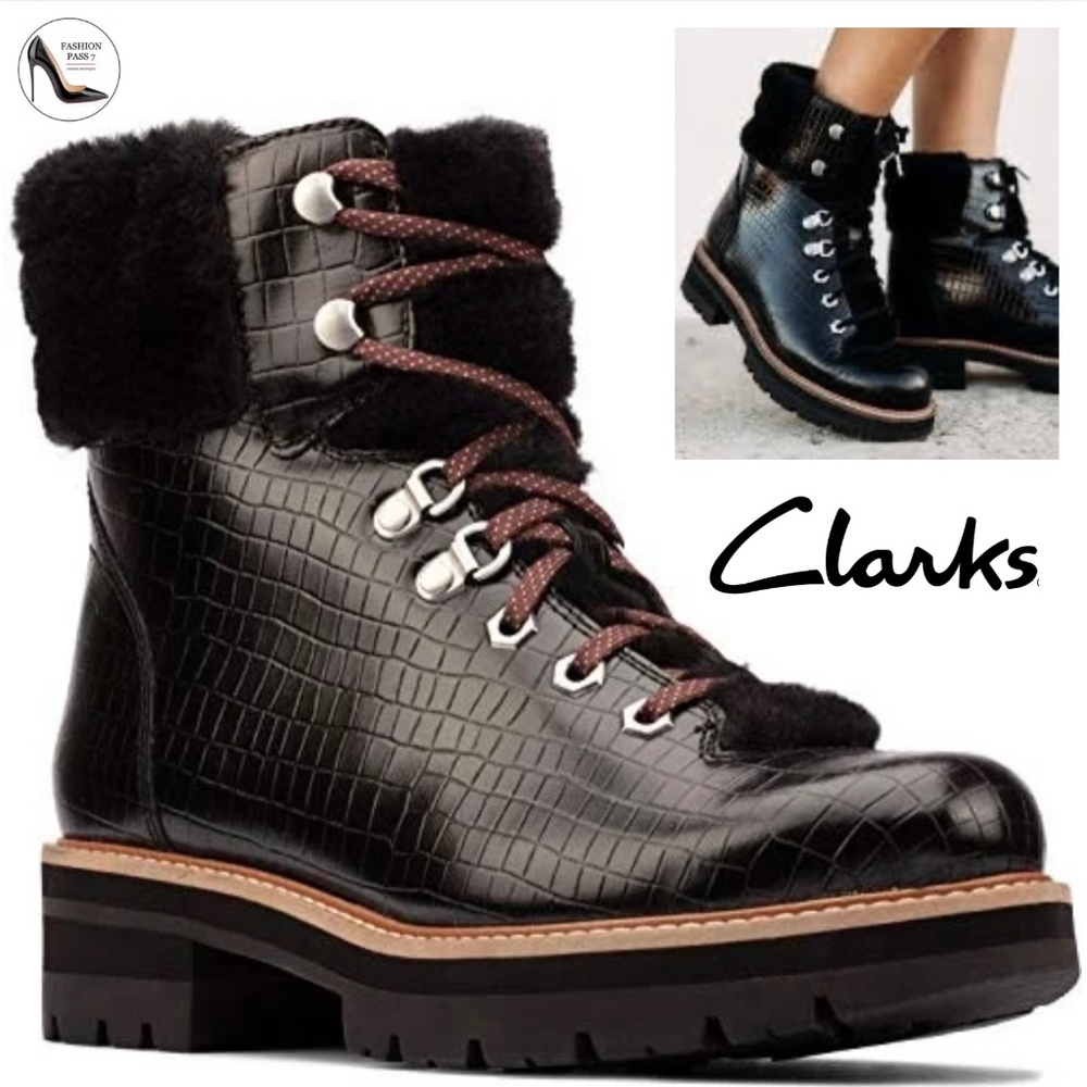Clarks ORIANNA HIKER Black Leather Lace Up Hiking Winter Boots Ankle Booties 6.5